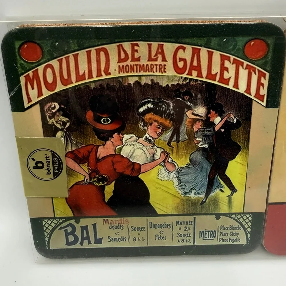 Benart Paris Vintage French Poster Cork Back Coasters Set of 6 Chat Noir‎ New